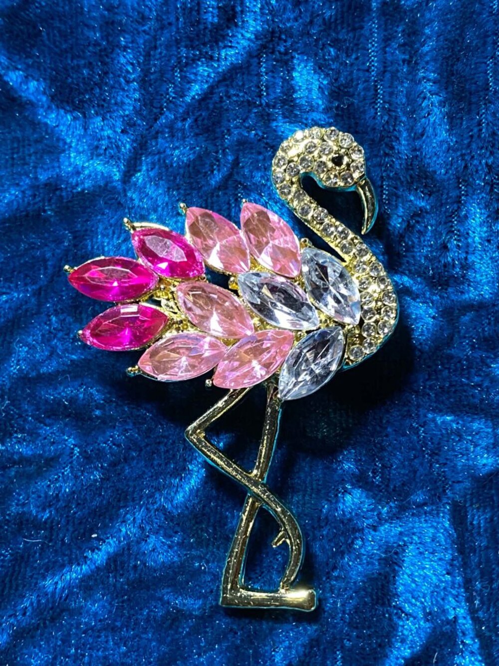 Dark Light Pink Clear Rhinestone Flamingo Gold tone Brooch